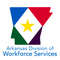 Arkansas Division of Workforce Services logo featuring state outline with multicolors and a star.